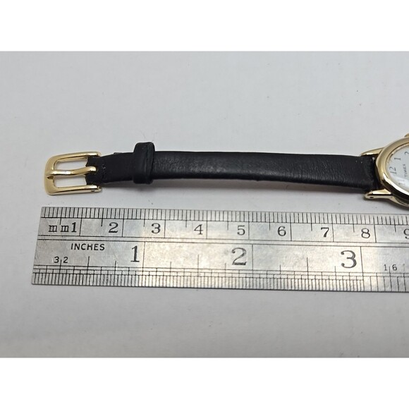 Vintage Timex Cavatina Womens Oval Gold Tone Watch Black Leather New Battery